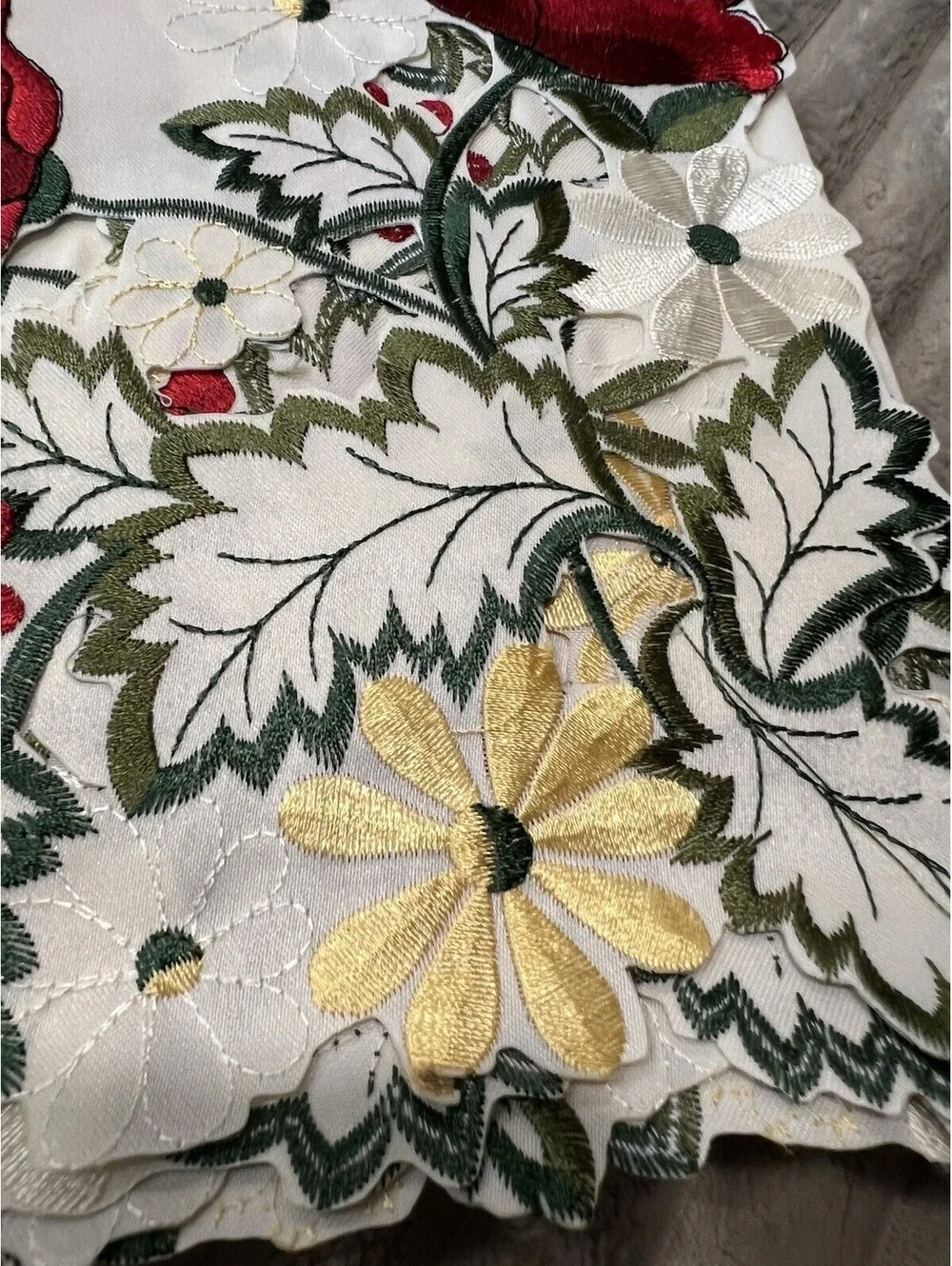 NEW Embroidered Cutout floral 35”square tablecloth Ivory red green Cottagecore